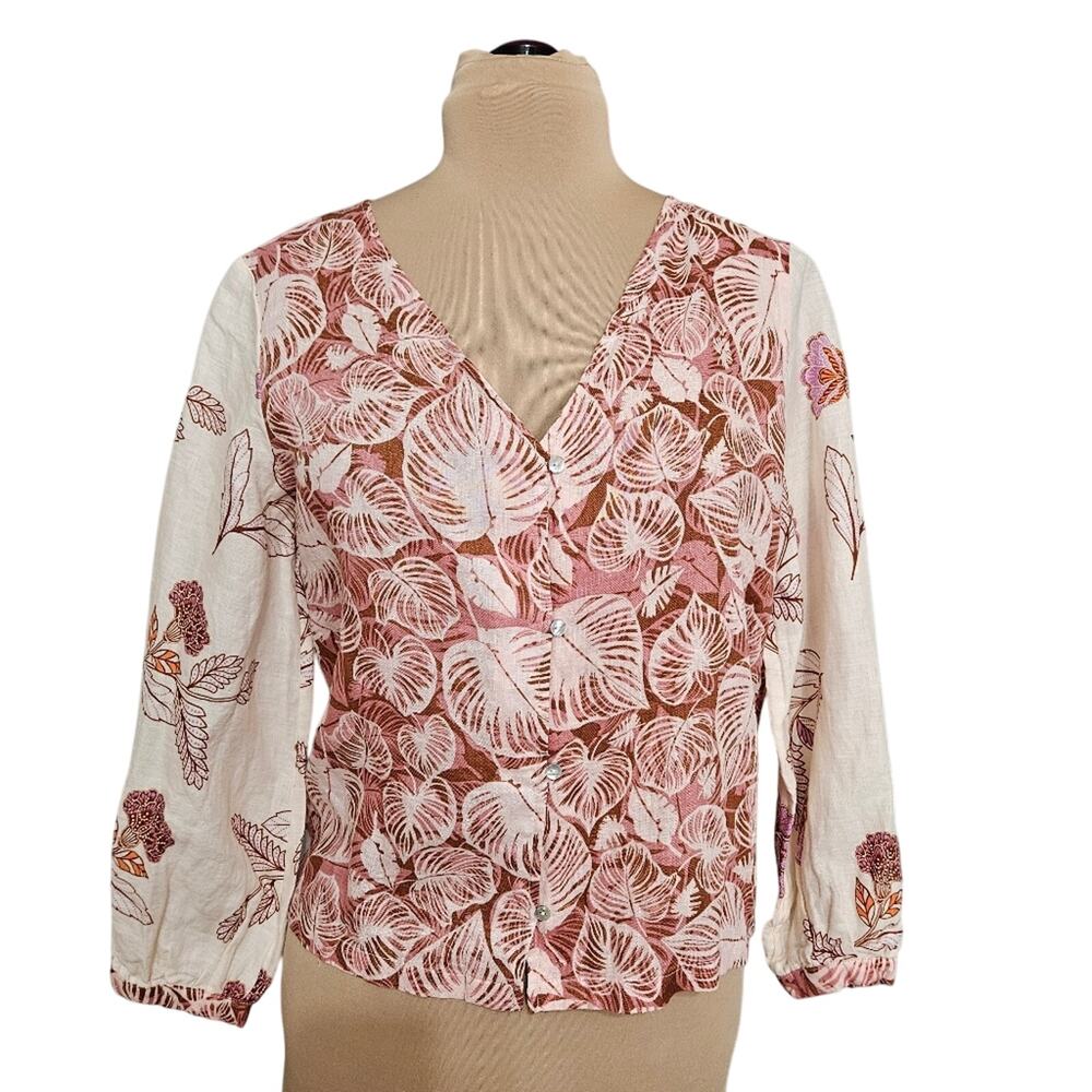 Tahari Leaf Print V-Neck Women's Small Top‎ 100% Linen V Neck Blouse Bloomcore